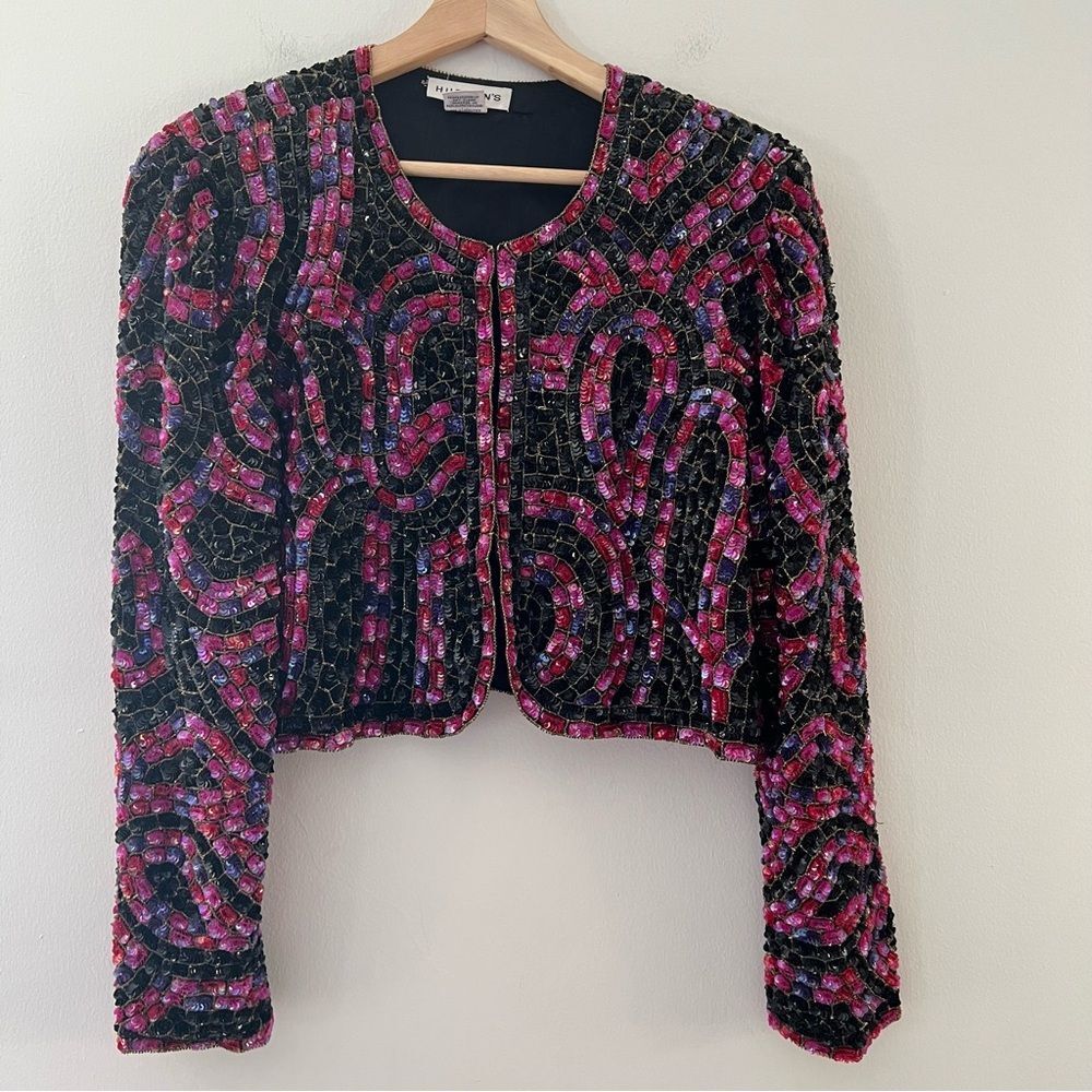 Hudsons Vintage Jacket Cropped Silk Sequins Beaded Size Medium Pink Party